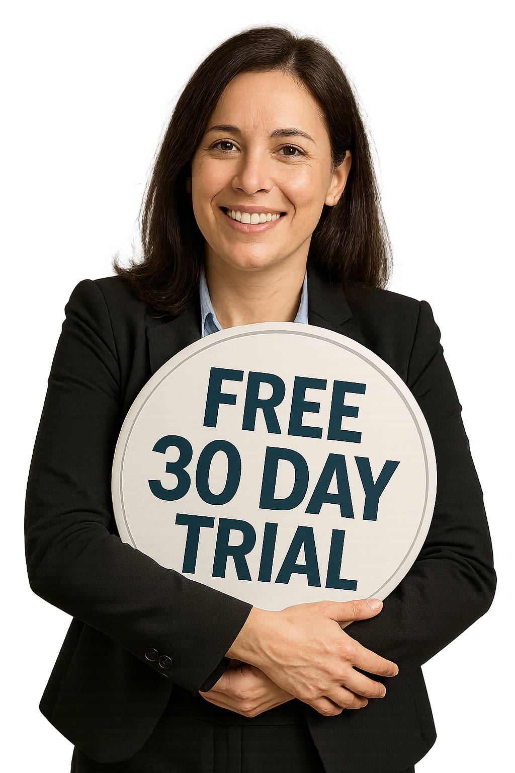 A smiling female office worked holding a sign that says Free 30 Day Trial.