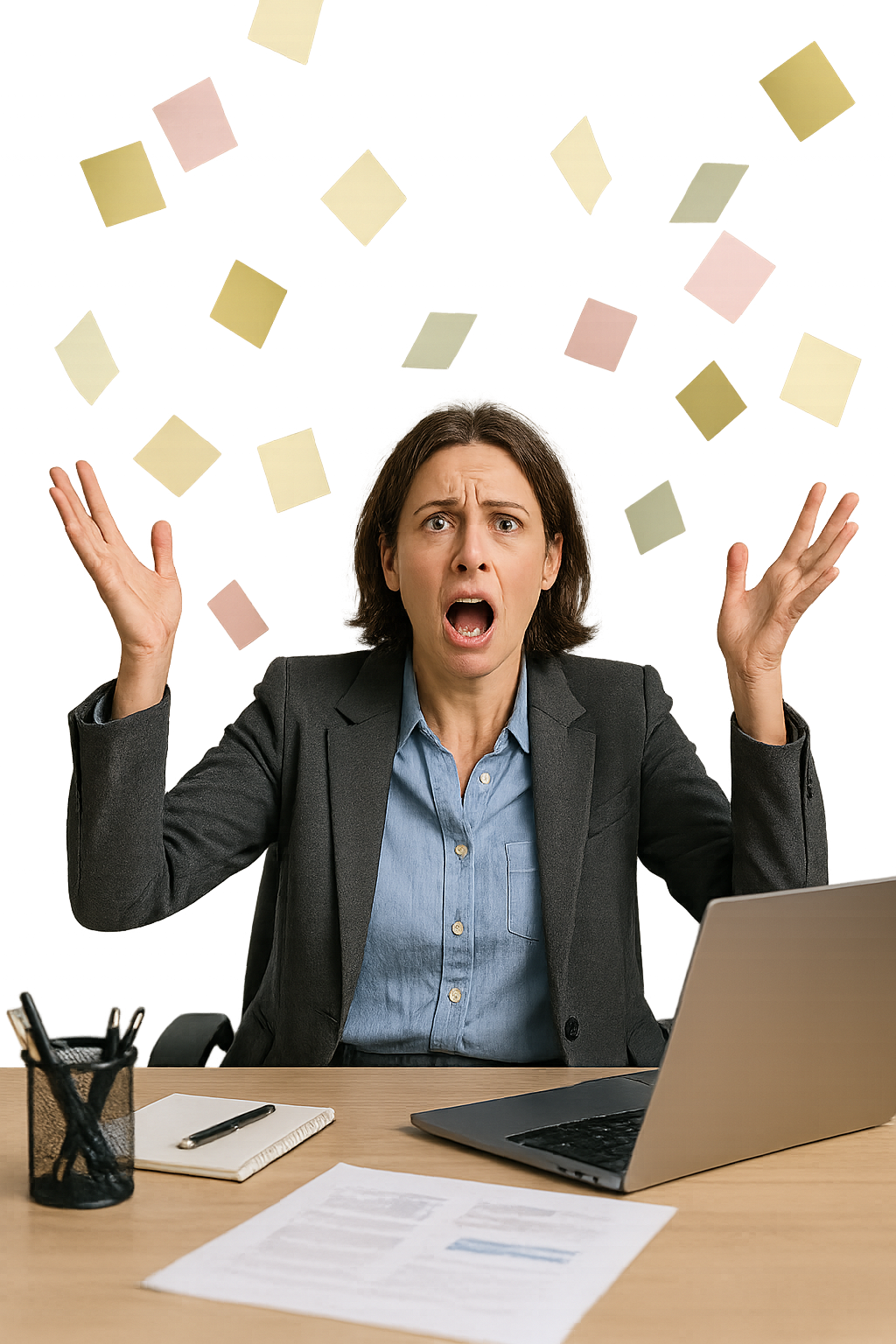 A businesswoman throwing sticky notes in frustration.