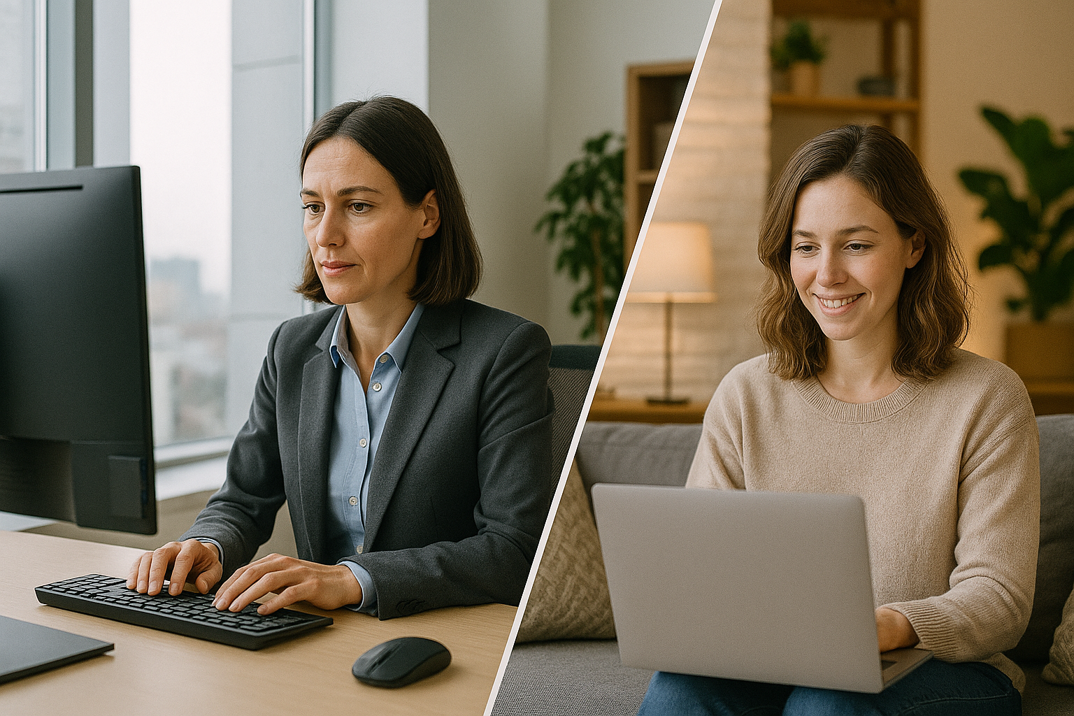 An image depicting to female office workers - one is working in the office and one is working from home.