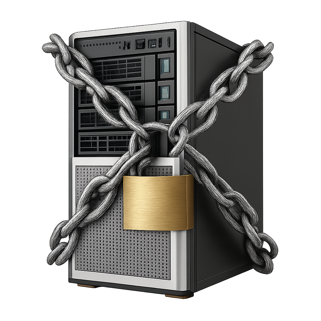 A server wrapped in chains and padlocked.