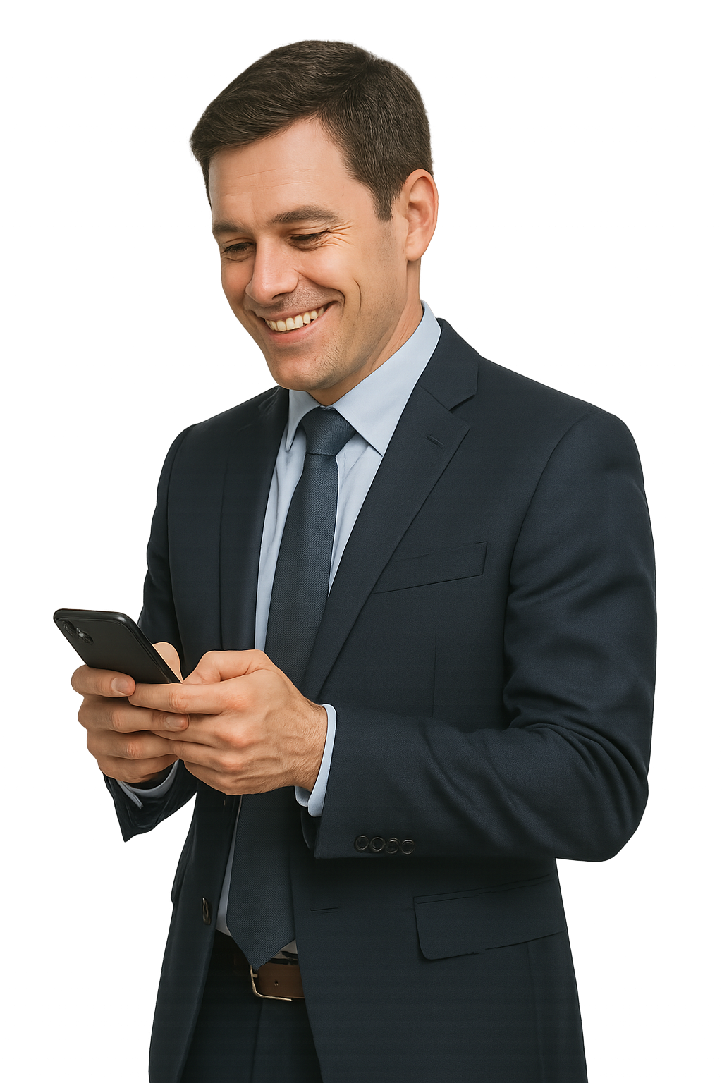 A happy businessman using PhonePad Web on his smartphone.