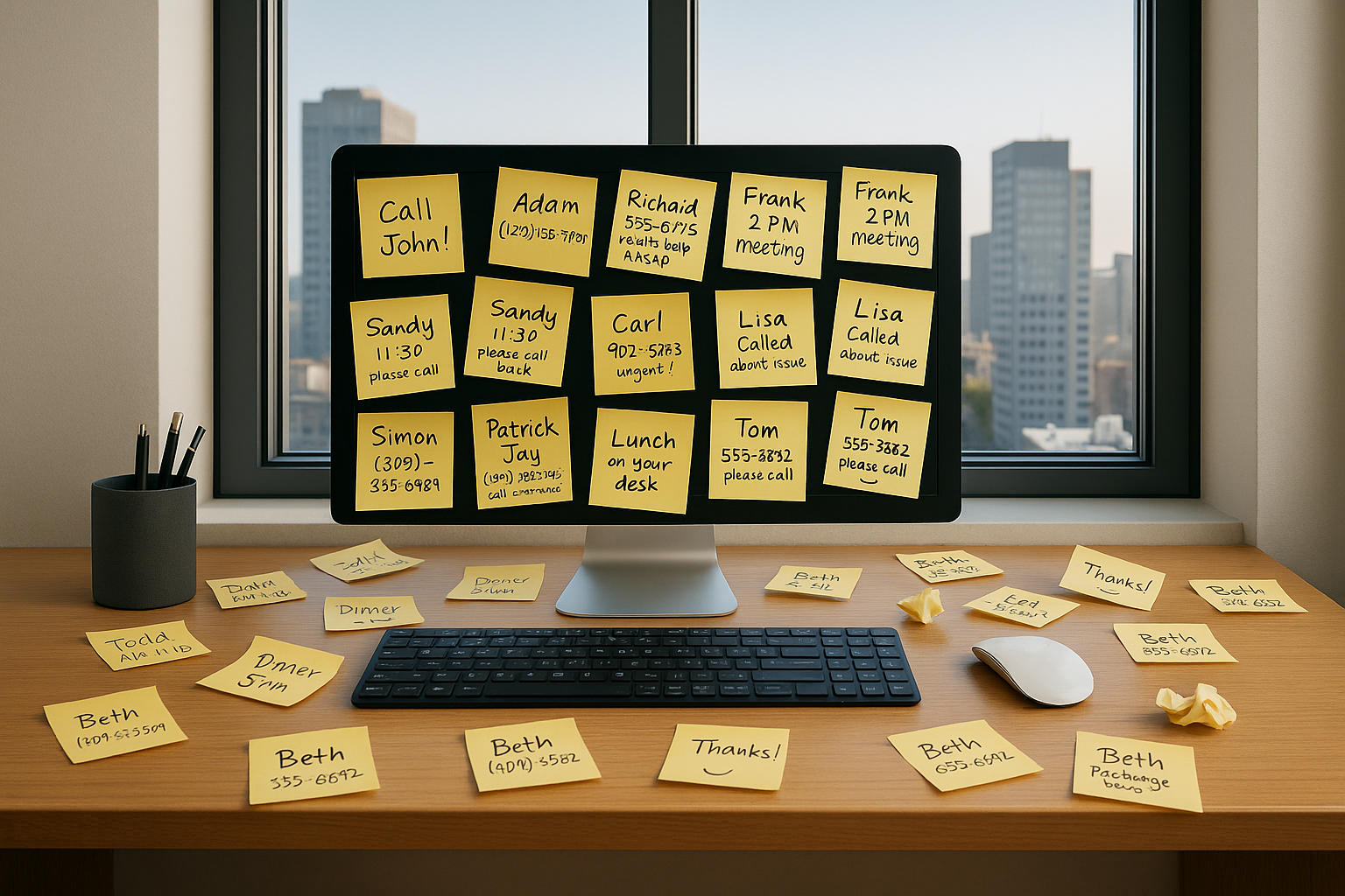A desk and computer monitor covered with phone message sticky notes.