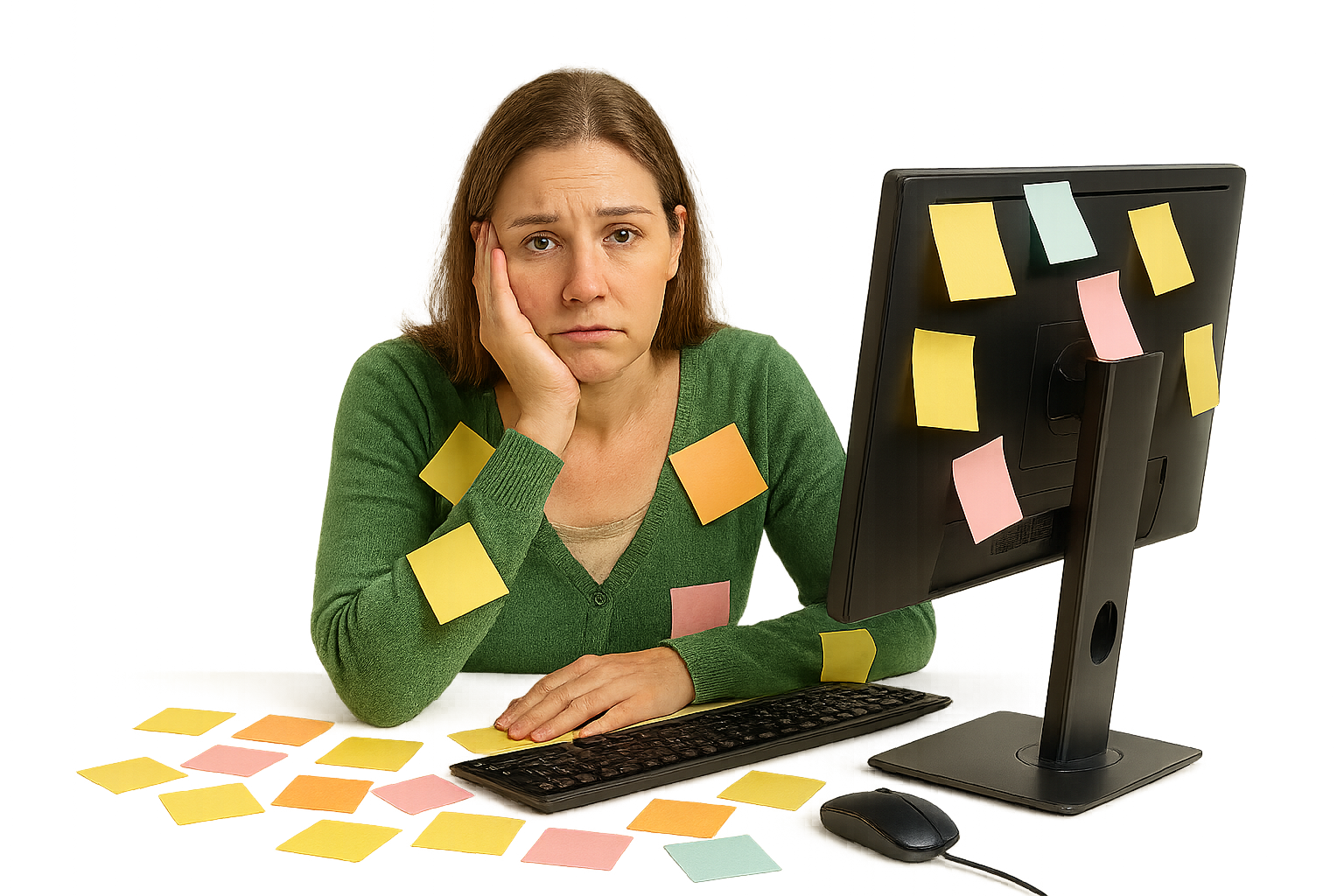 Unhappy office worker sitting at her desk. There are sticky notes on her, her desk and computer monitor.