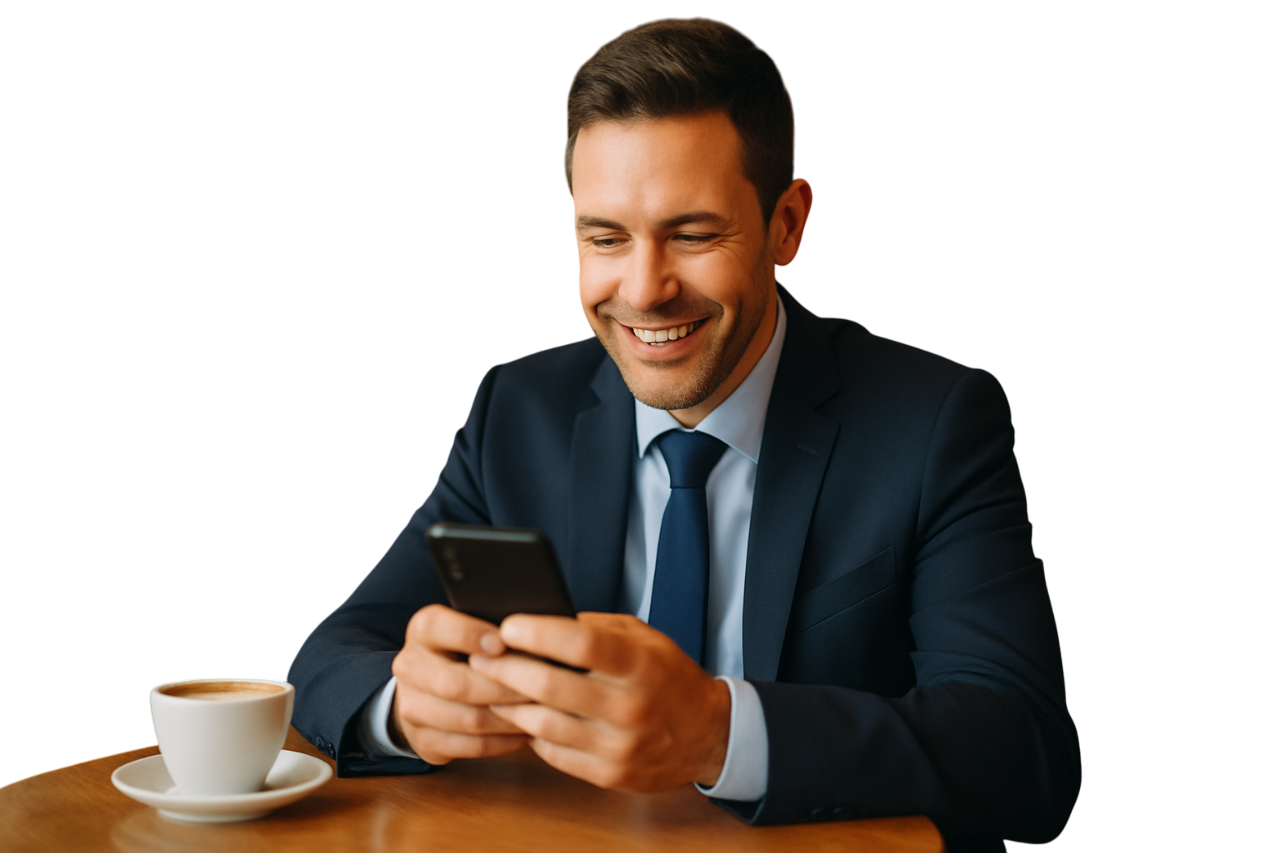 A man in a suit sitting at a table viewing his mobile phone, with a cup of coffee on the table.