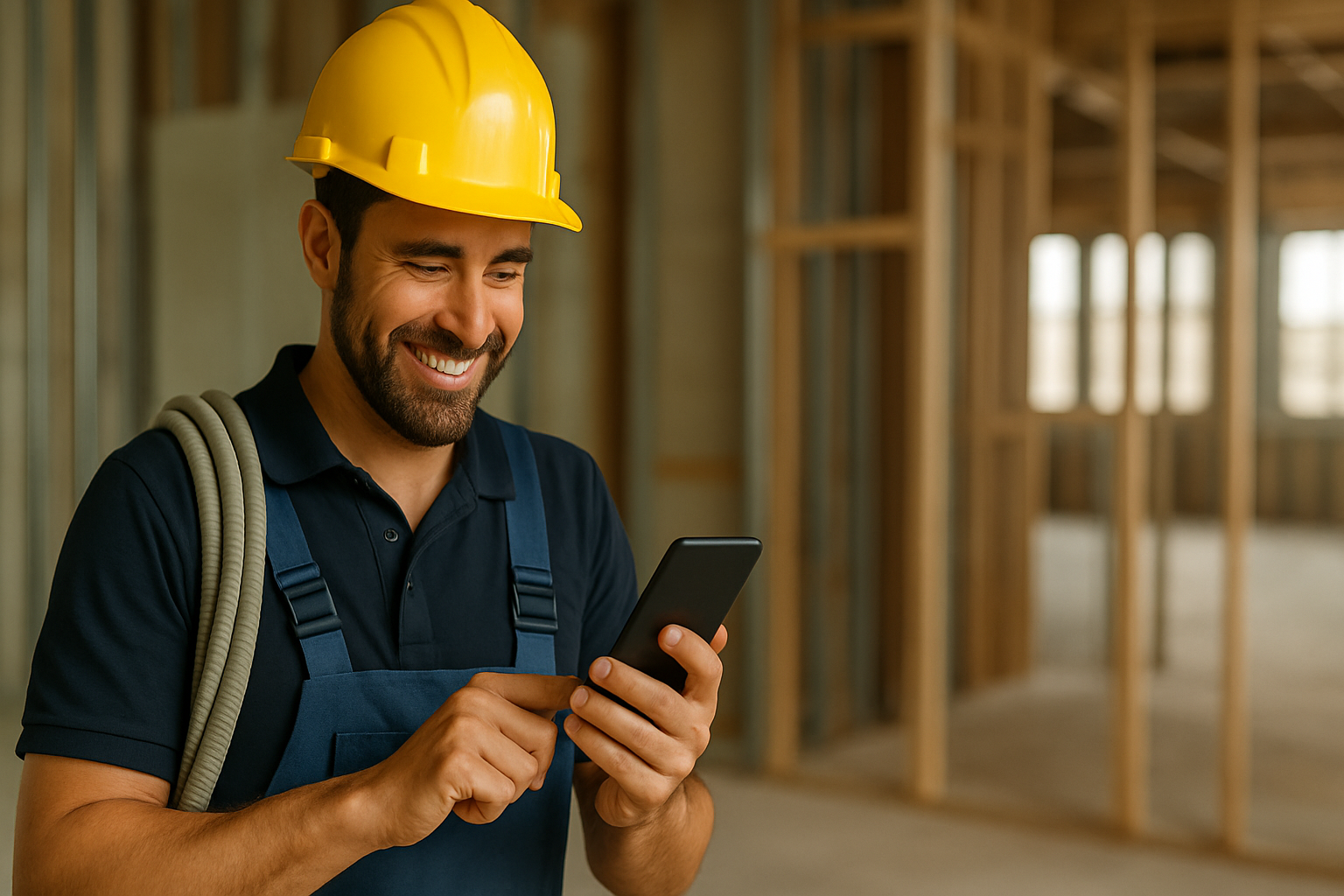 An electrician on site looking at his smartphone.