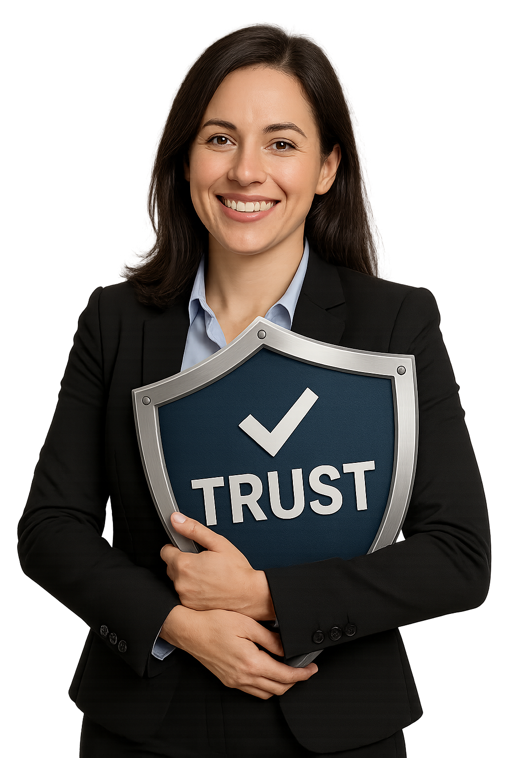 A female business woman holding a shield that says &quot;Trust&quot;.