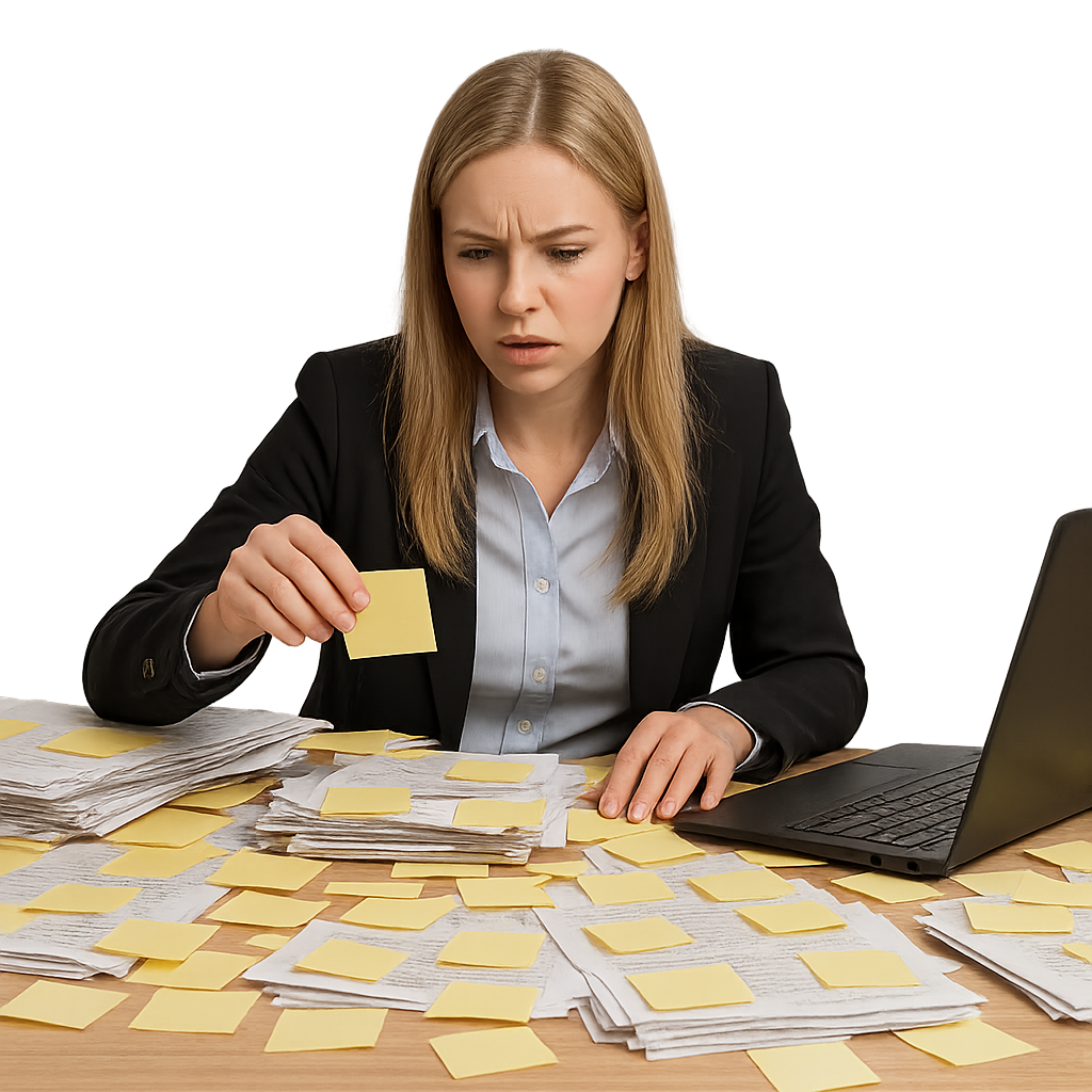 A female officer worker trying to find a phone message amongst all of the sticky notes covering her desk.