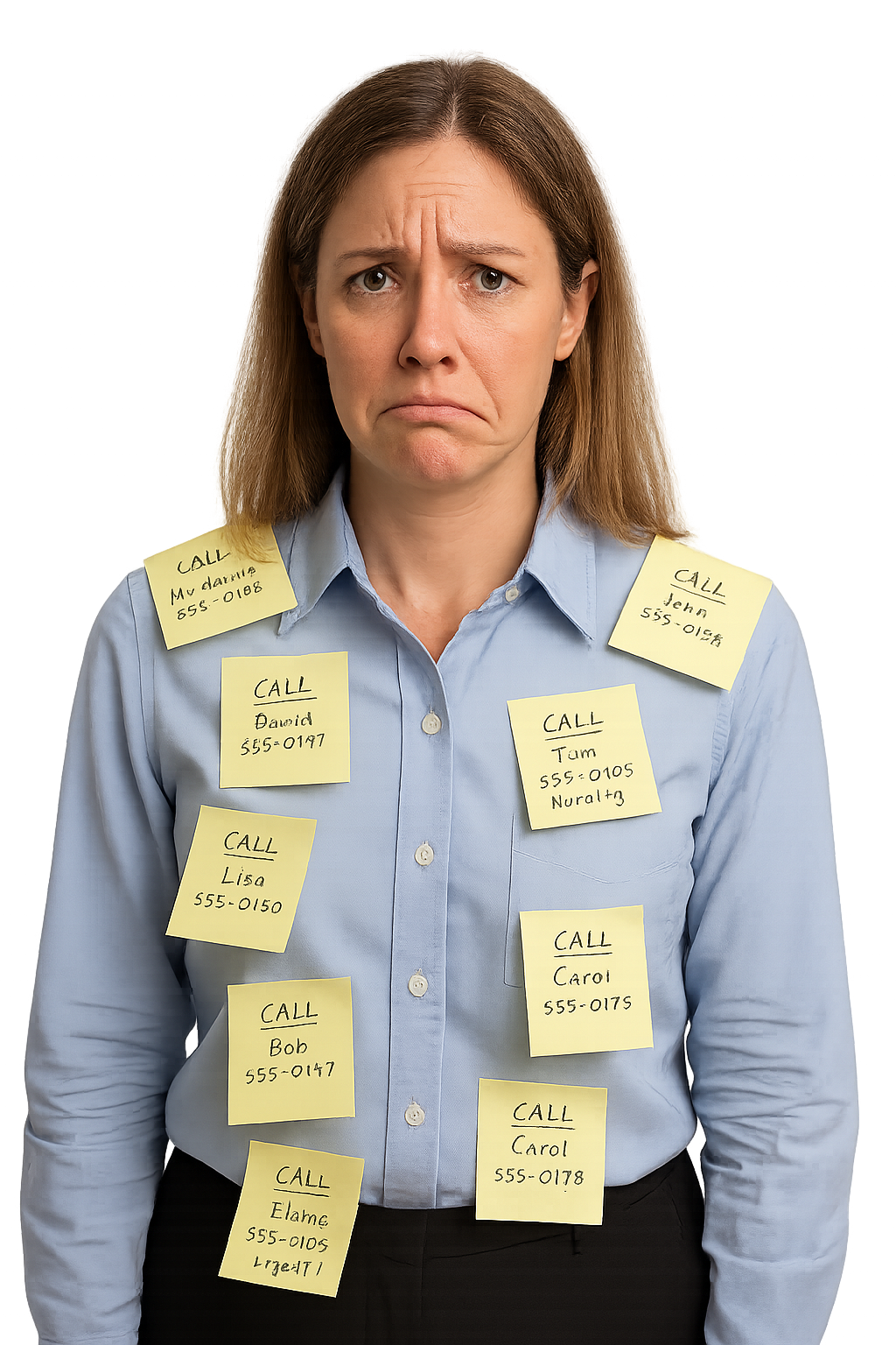 Very unhappy female office worker covered in phone message sticky notes.
