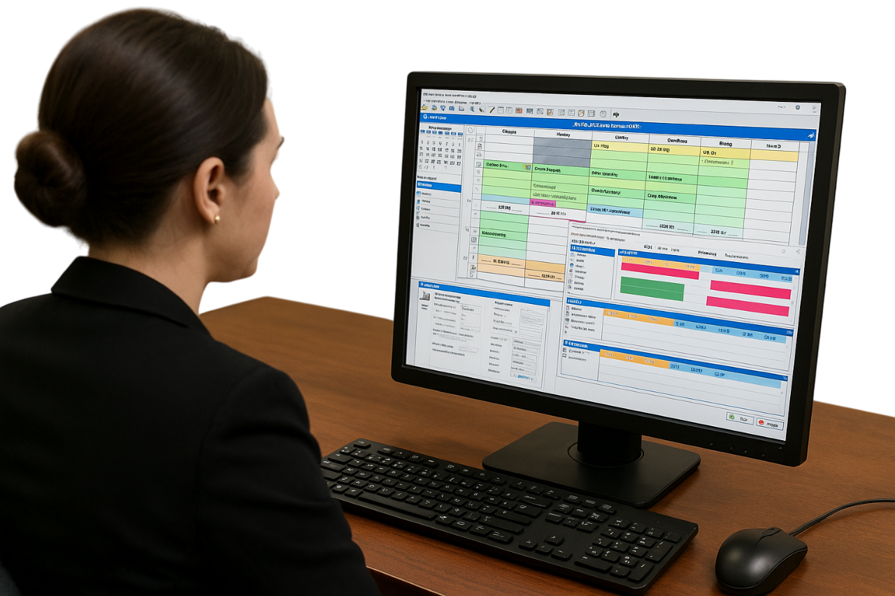 A female offiice worker viewing PhonePad&apos;s Appointment Calendar on her computer monitor.